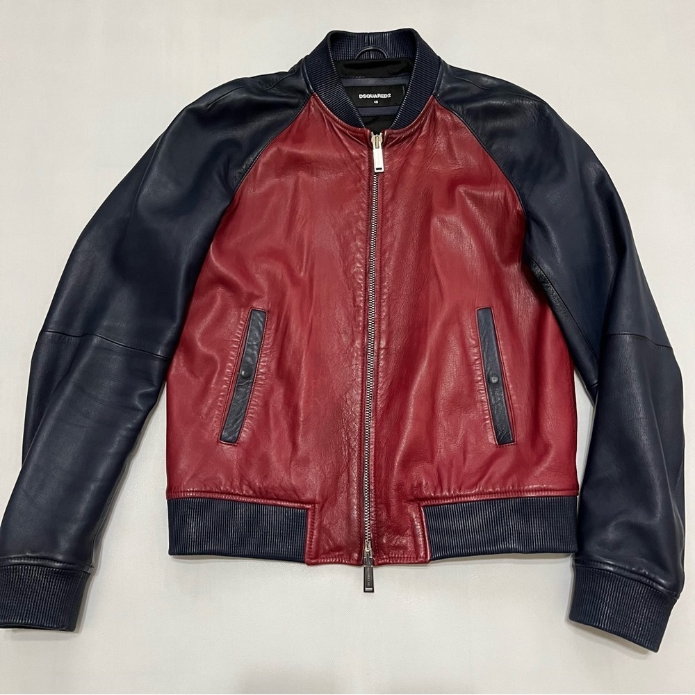Dsquared2 Red Blue Leather Bomber Jacket